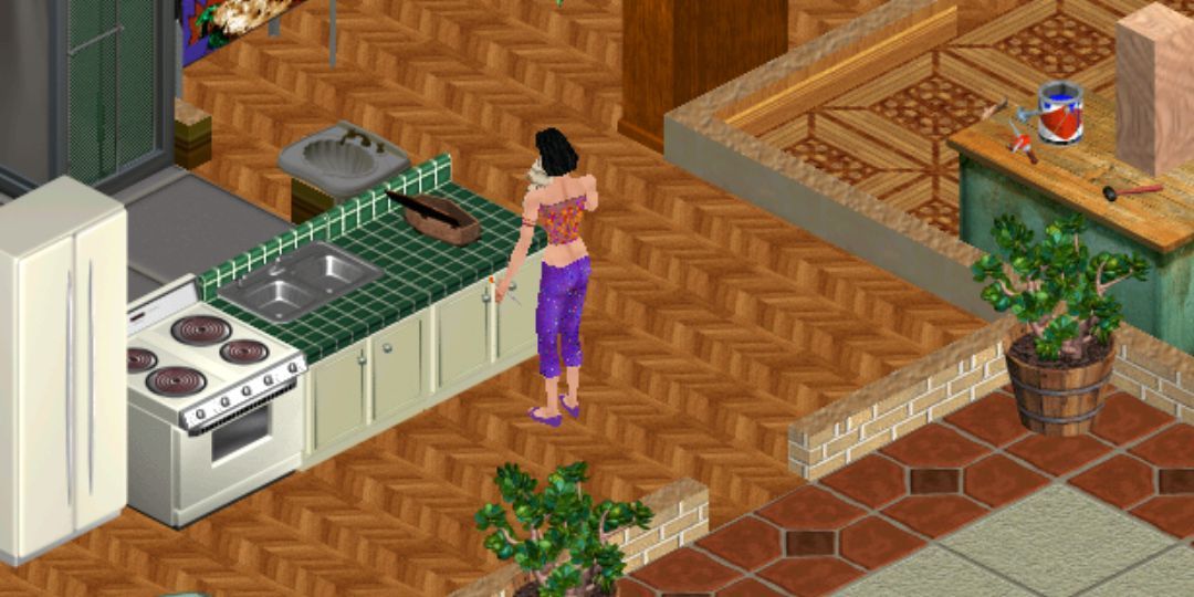 A female Sim uses a voodoo doll in the kitchen.