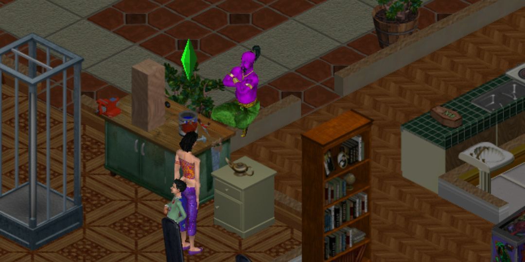 A female Sim talks to a Genie who floats in front of her.