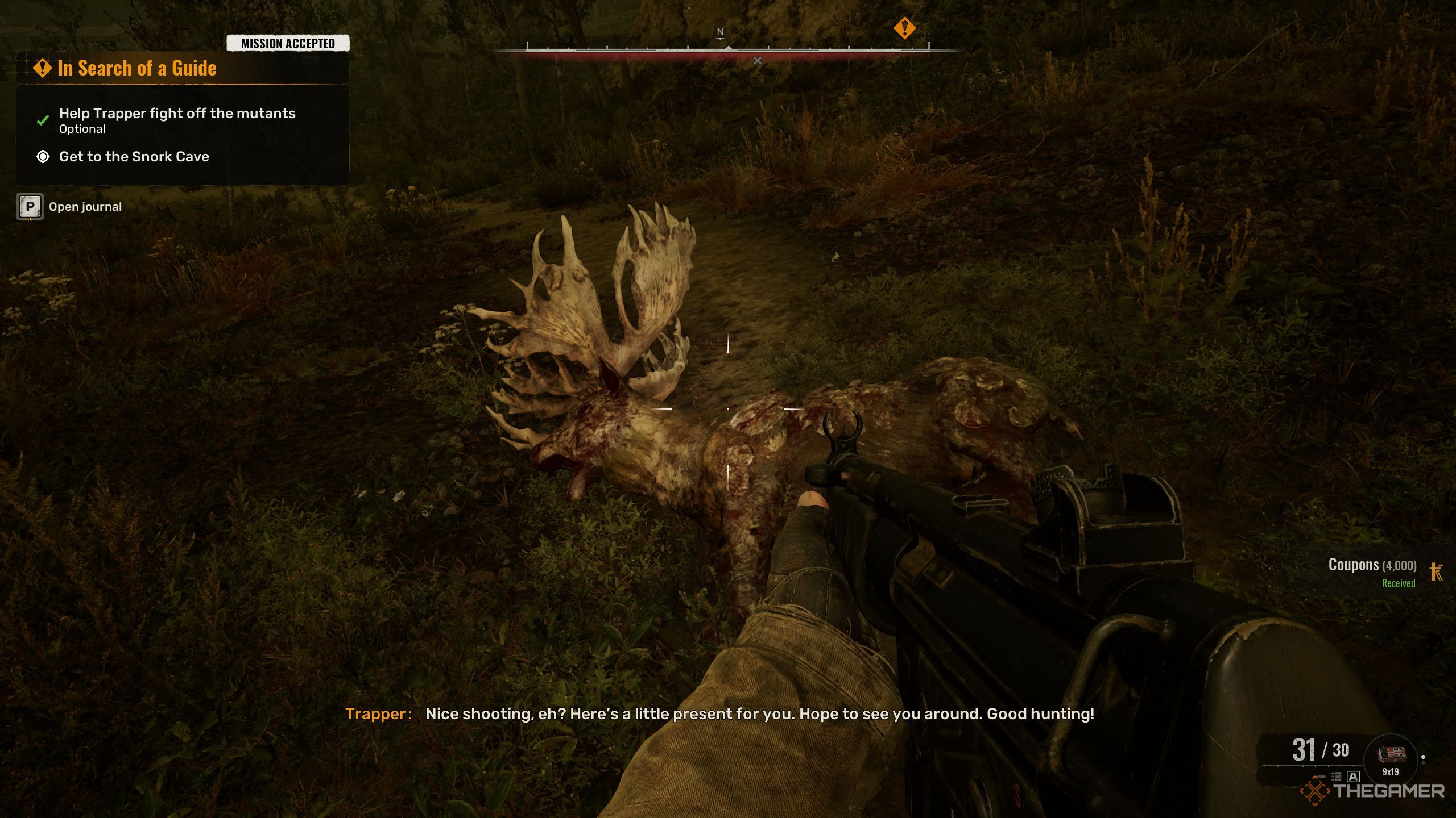 Skif with a gun equipped is standing in front of a dead Mutated Deer.