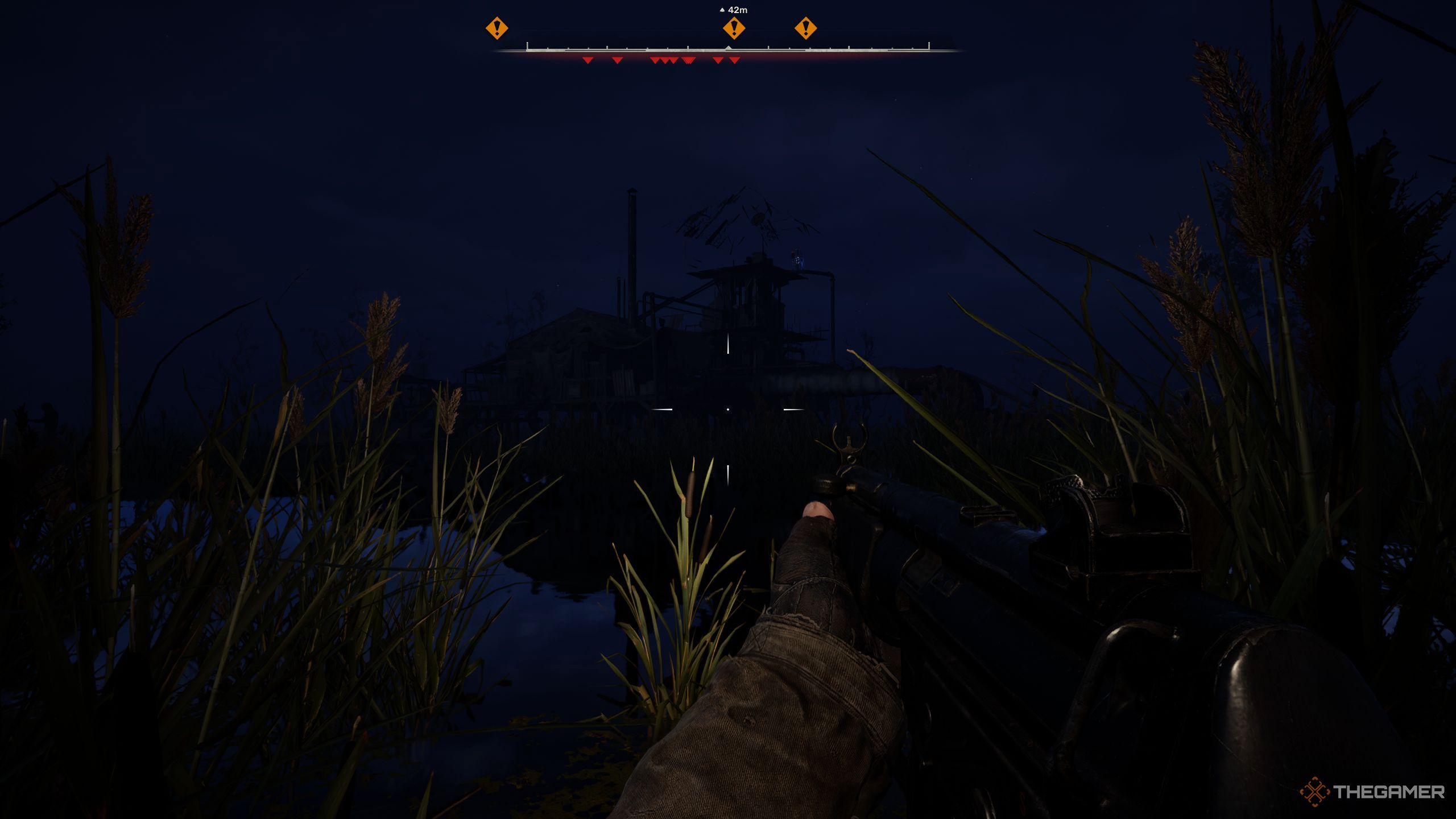 Player quipped with a weapon, standing in front of the Pumping Station.