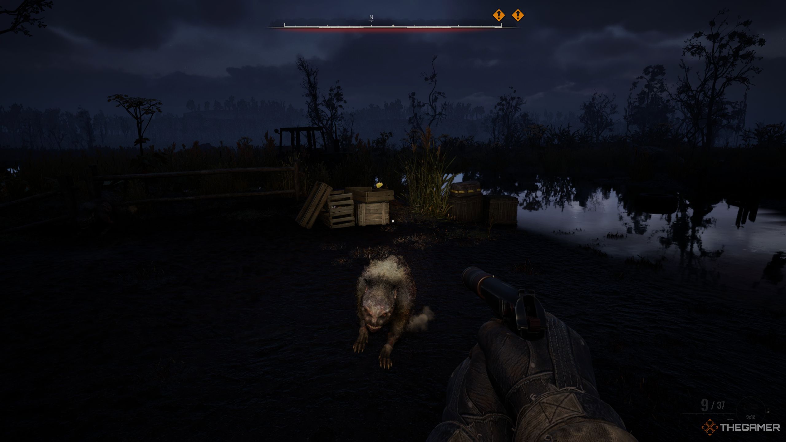 The player aims a silenced pistol at Psy Dog in the woods at night.