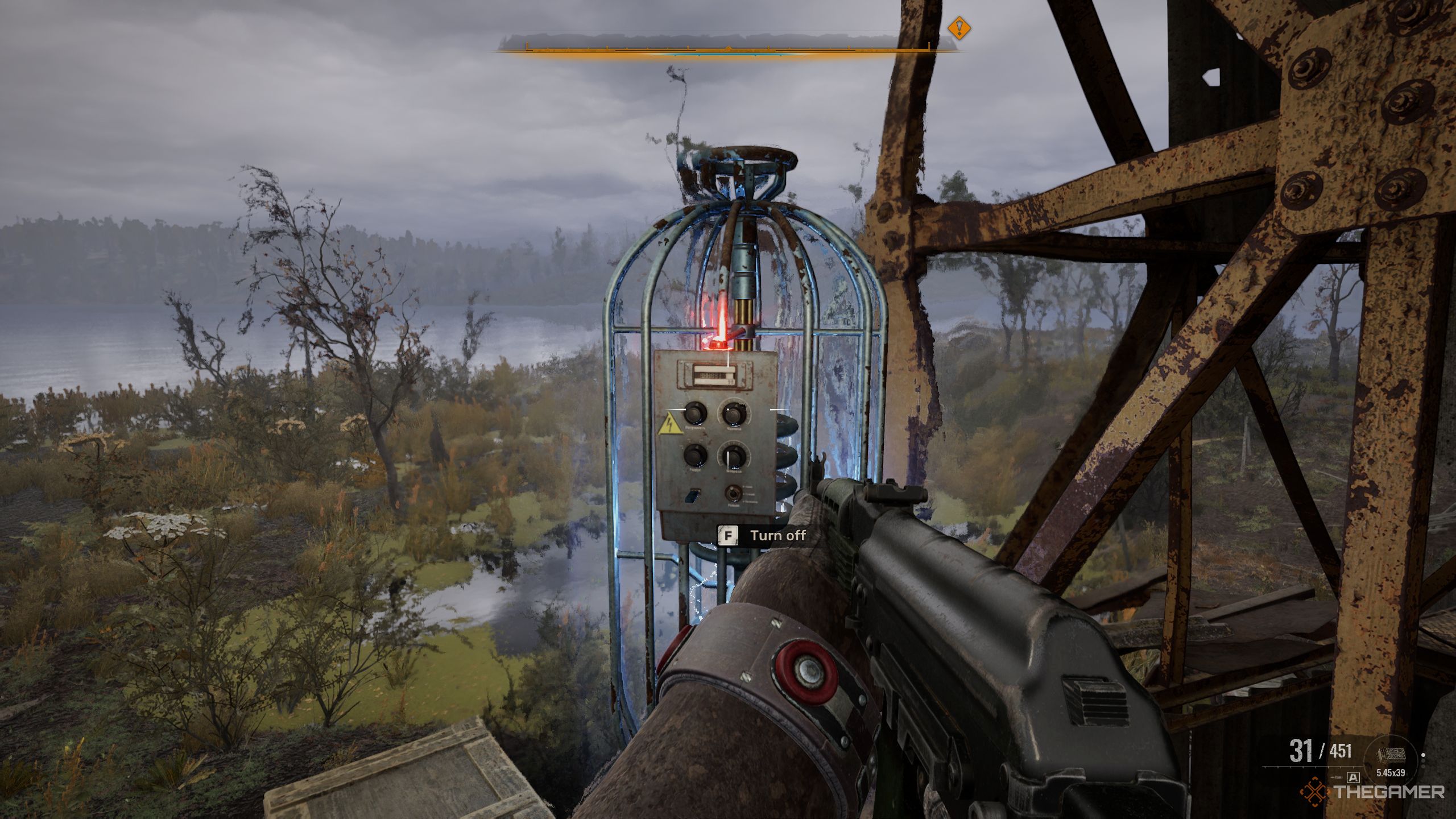 Player equipped with a weapon in front of the Psi-Beacon at Second Vanguard. 