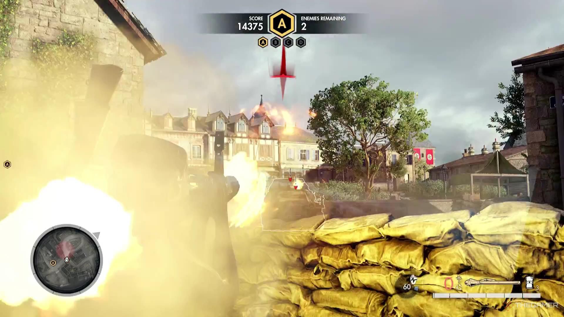 Firing an explosive at an enemy vehicle in Sniper Elite Resistance.