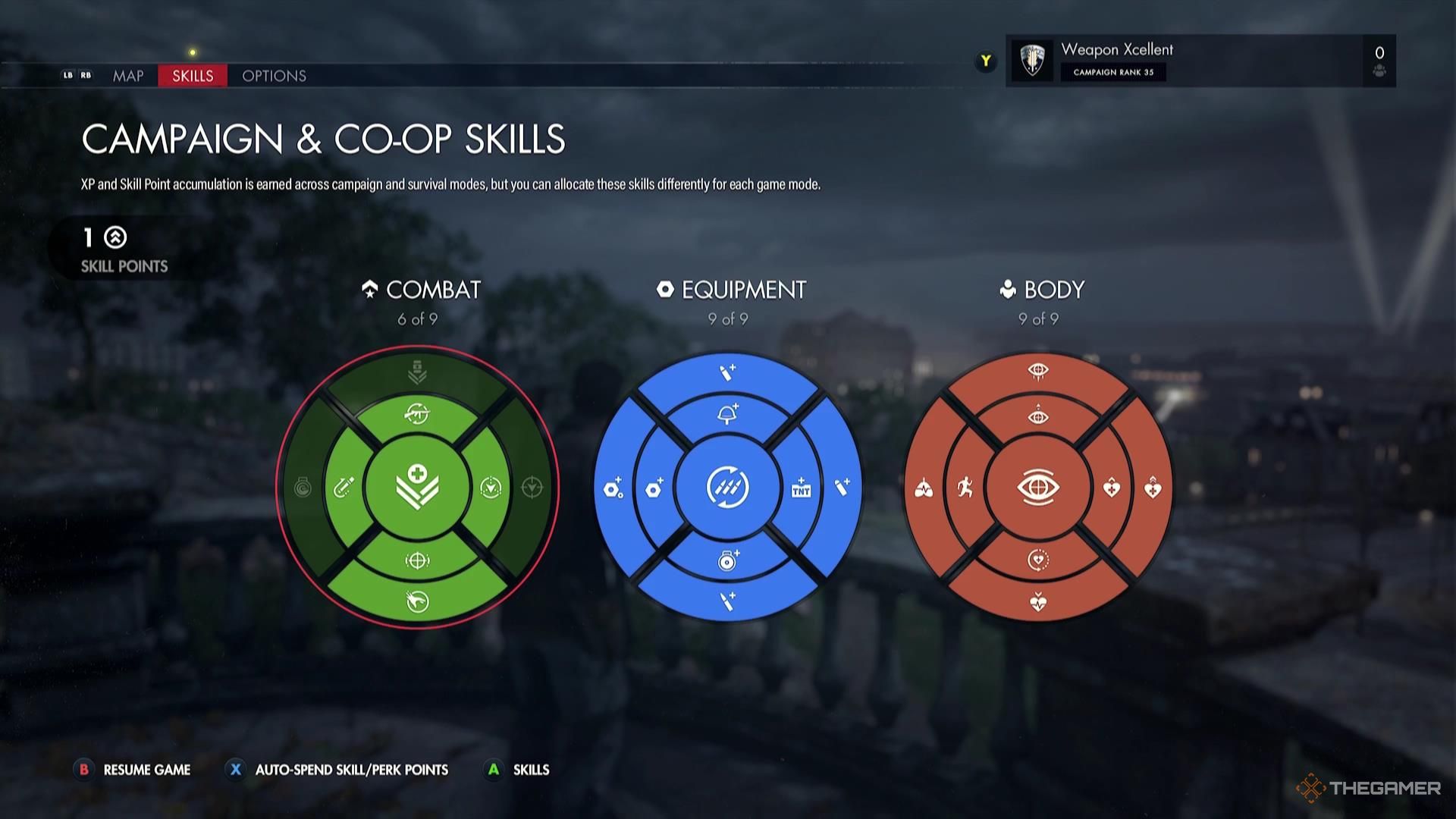 The skill trees displayed in Sniper Elite Resistance.