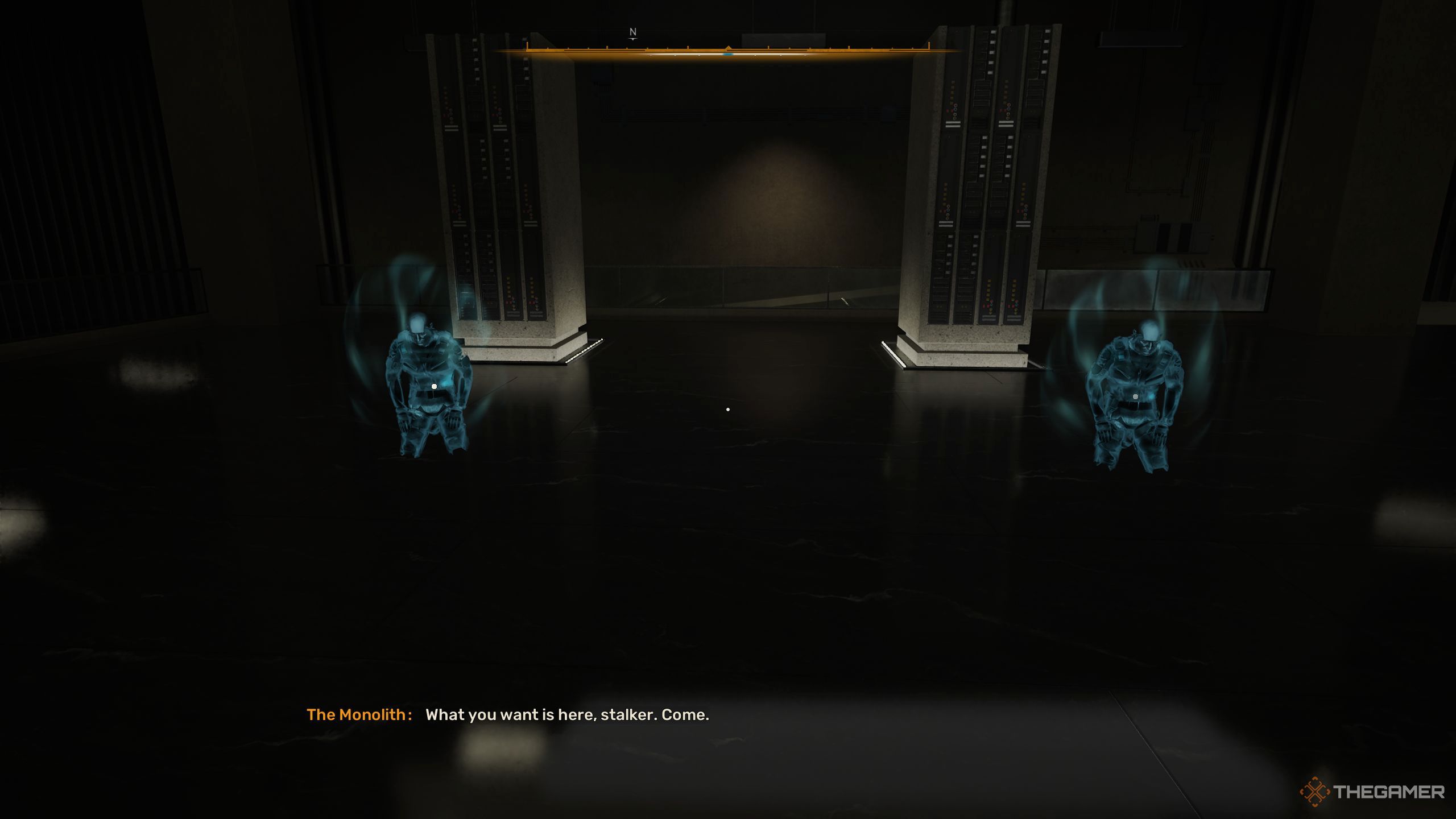 Skif standing in front of two holograms near the Monolith.