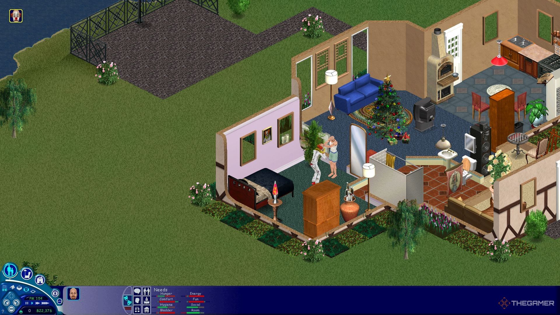 A Sim asking the Tragic Clown to leave their house in the original Sims.