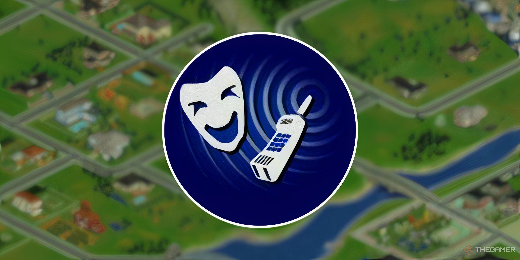 The prank call logo from the original Sims over a blurred photo of the original neighborhood.