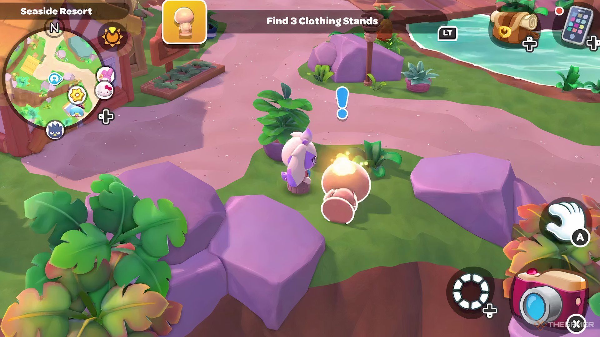 The player is looking at the Clothing Stand betwee two rocks in Hellow Kitty Island Adventure.