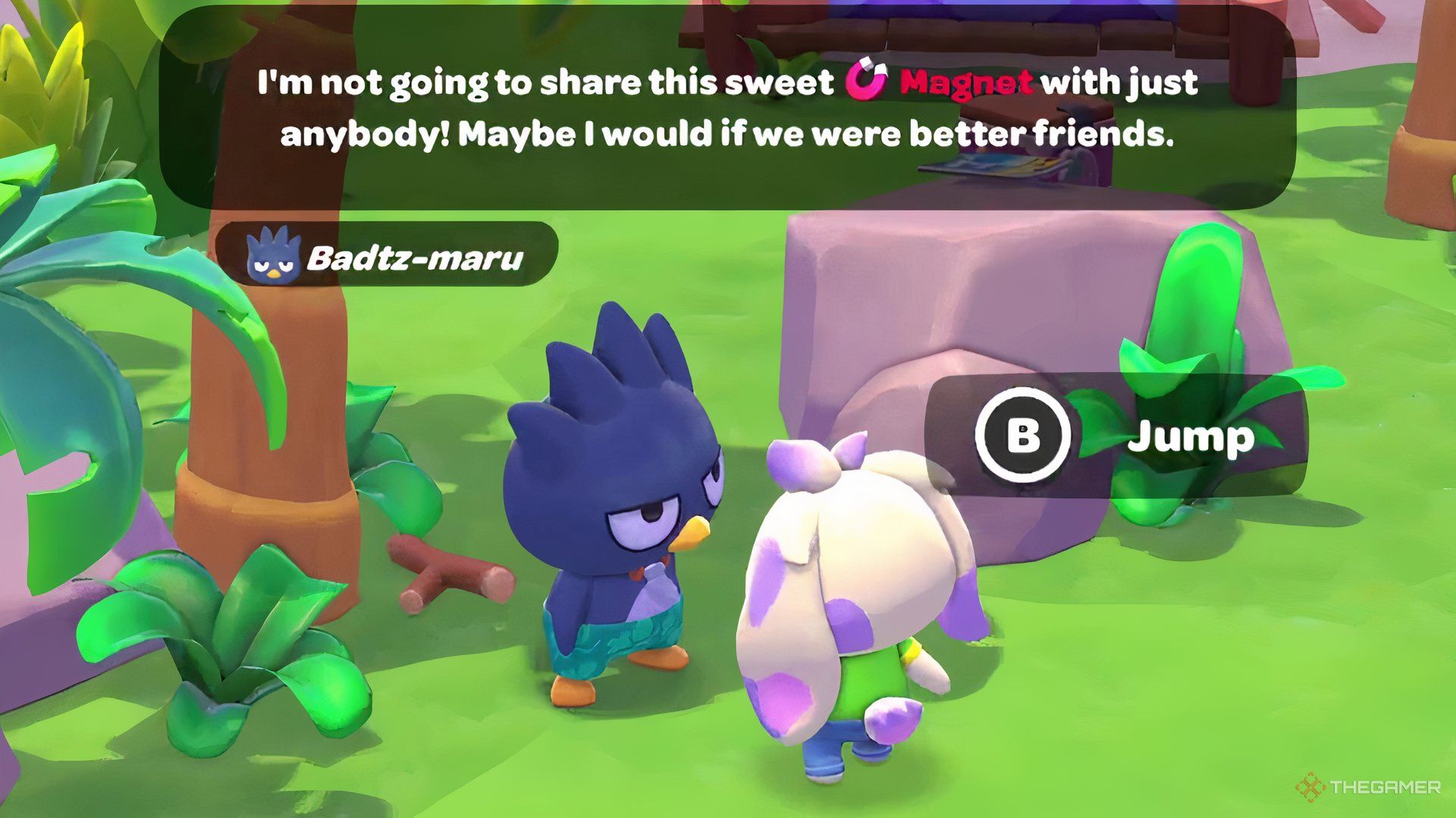 The player is talking to Badtz-Maru in Hello Kitty Island Adventure.