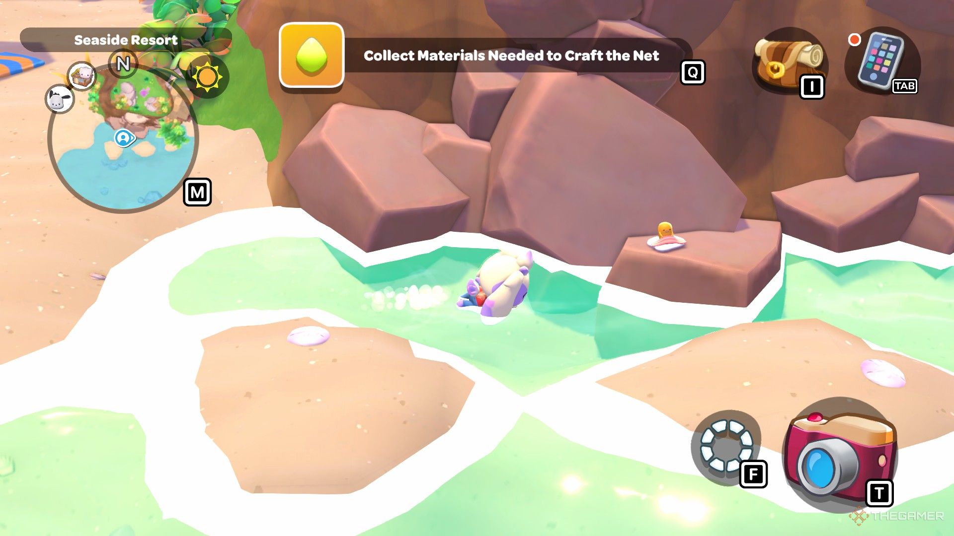 The player is swimming near the coast in Hello Kitty Island Adventure.