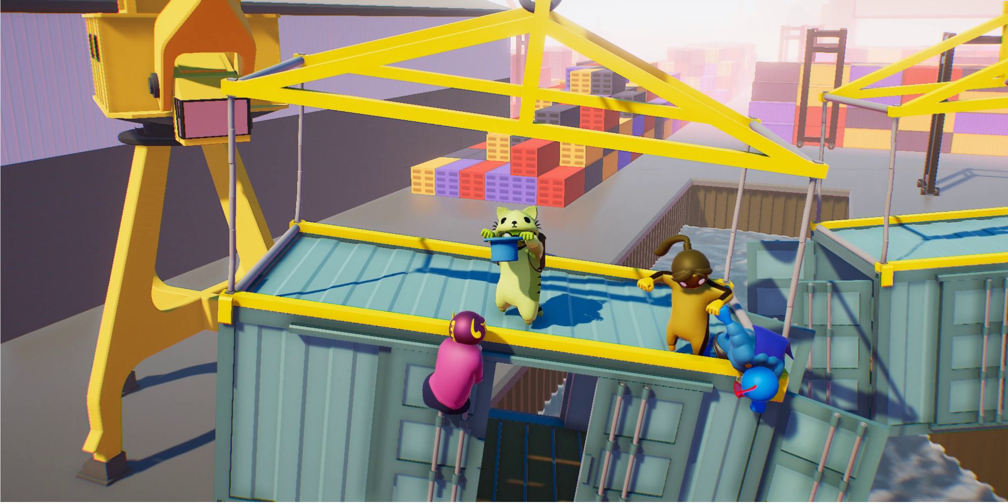 Four players fighting each other on shipping container in Gang Beasts