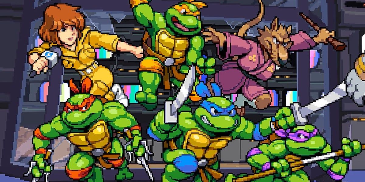 A splash screen showing all the characters in TMNT: Shredder's Revenge.