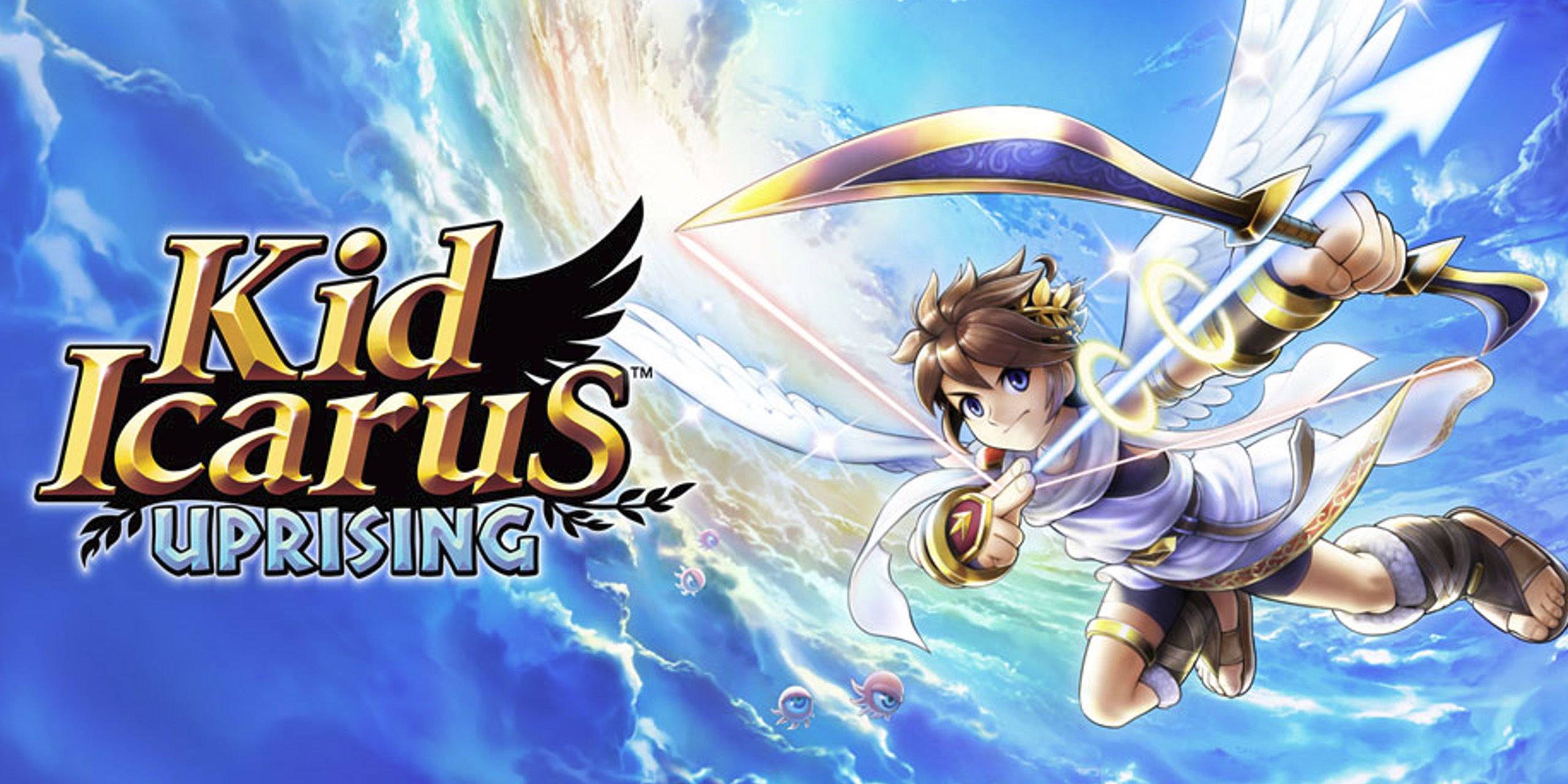 Cover art for Kid Icarus: Uprising, showing Pit aiming his bow in the sky.