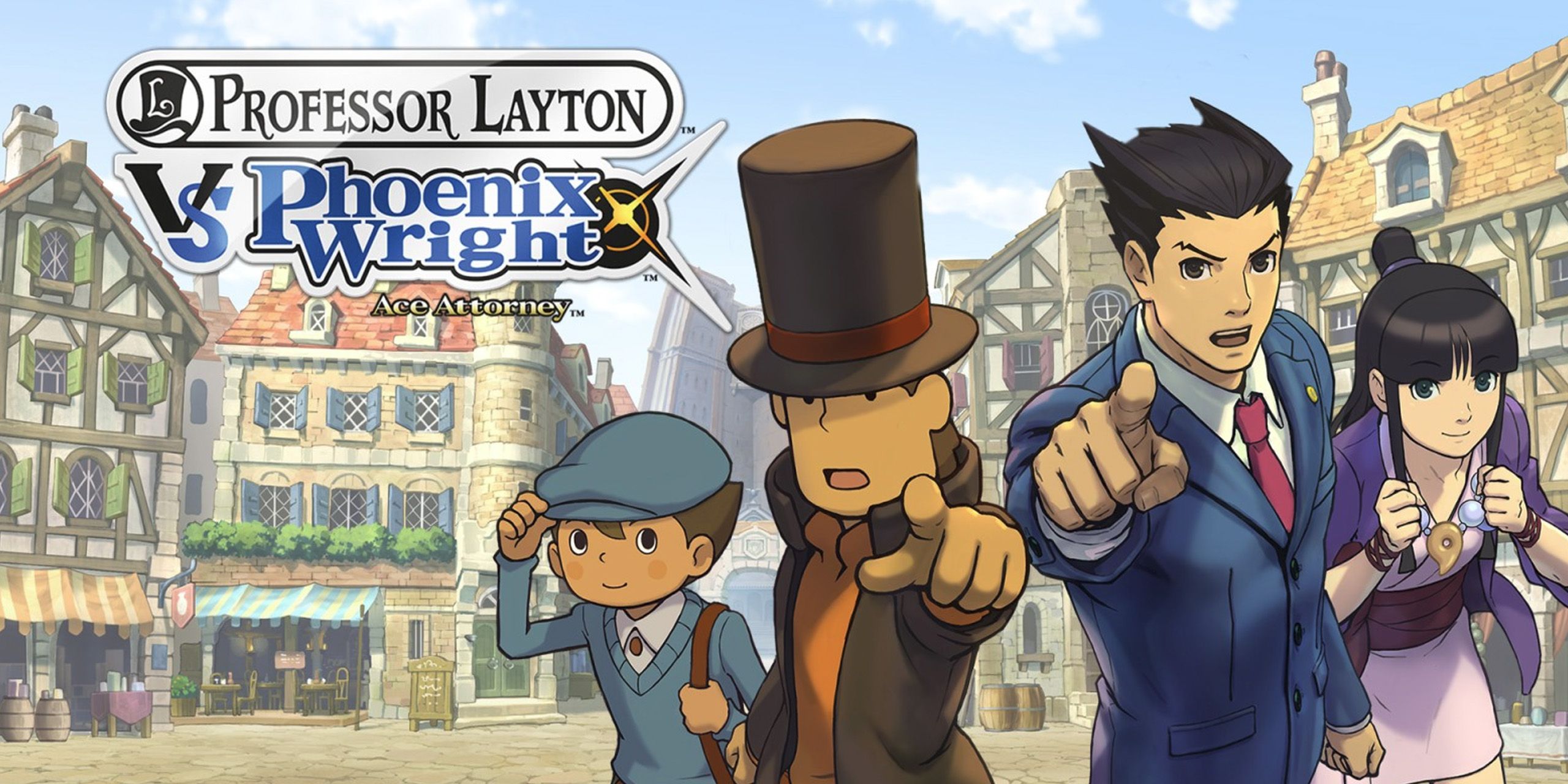 Cover art for Professor Layton vs. Phoenix Wright: Ace Attorney, showing Luke, Layton, Phoenix, and Maya.