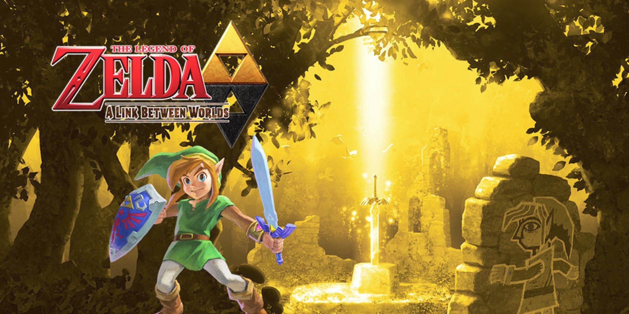 Cover art for The Legend of Zelda: A Link Between Worlds, showing Link in front of the Master Sword.