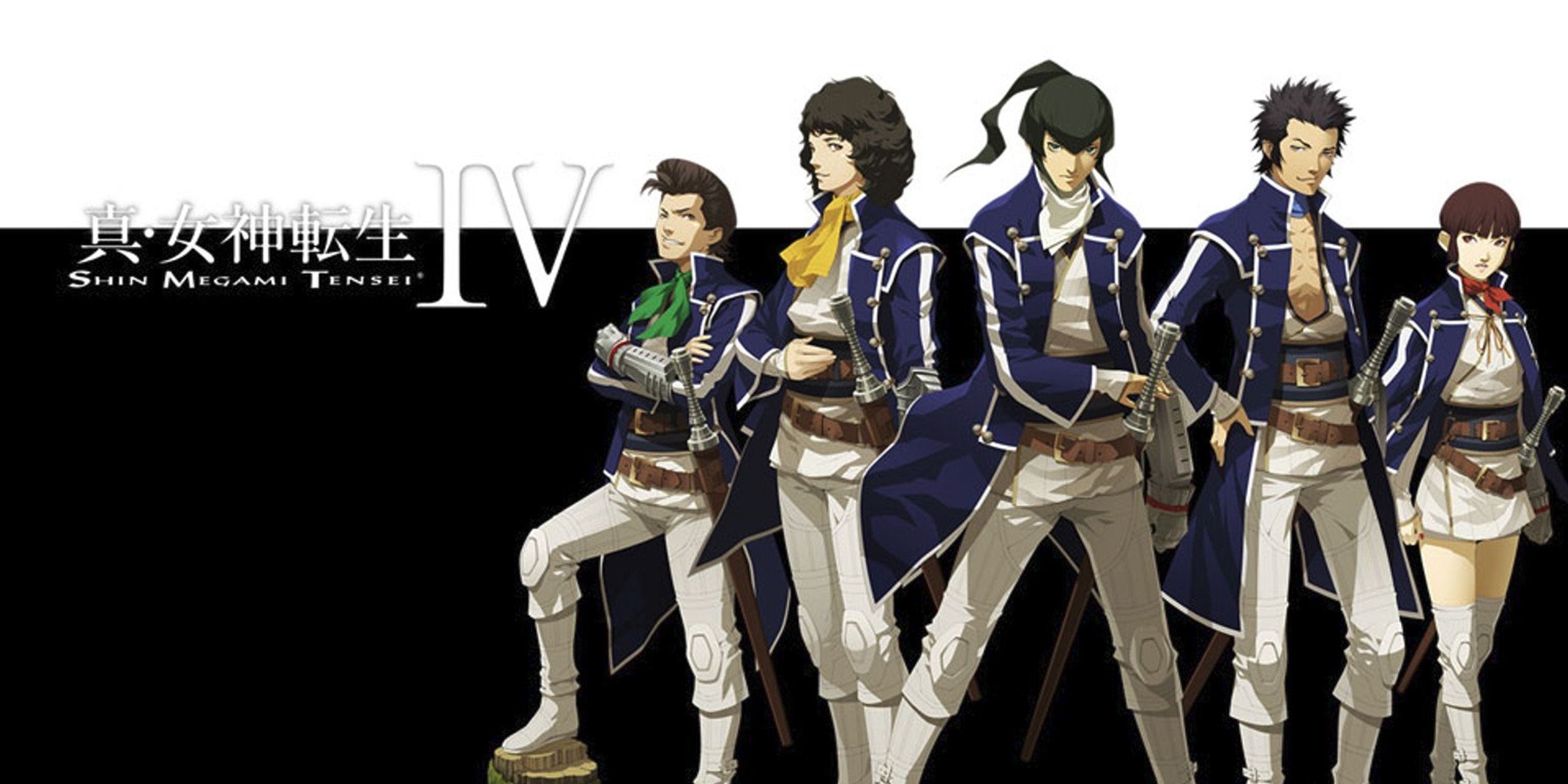 Cover art for Shin Megami Tensei 4, showing Flynn beside his party members.