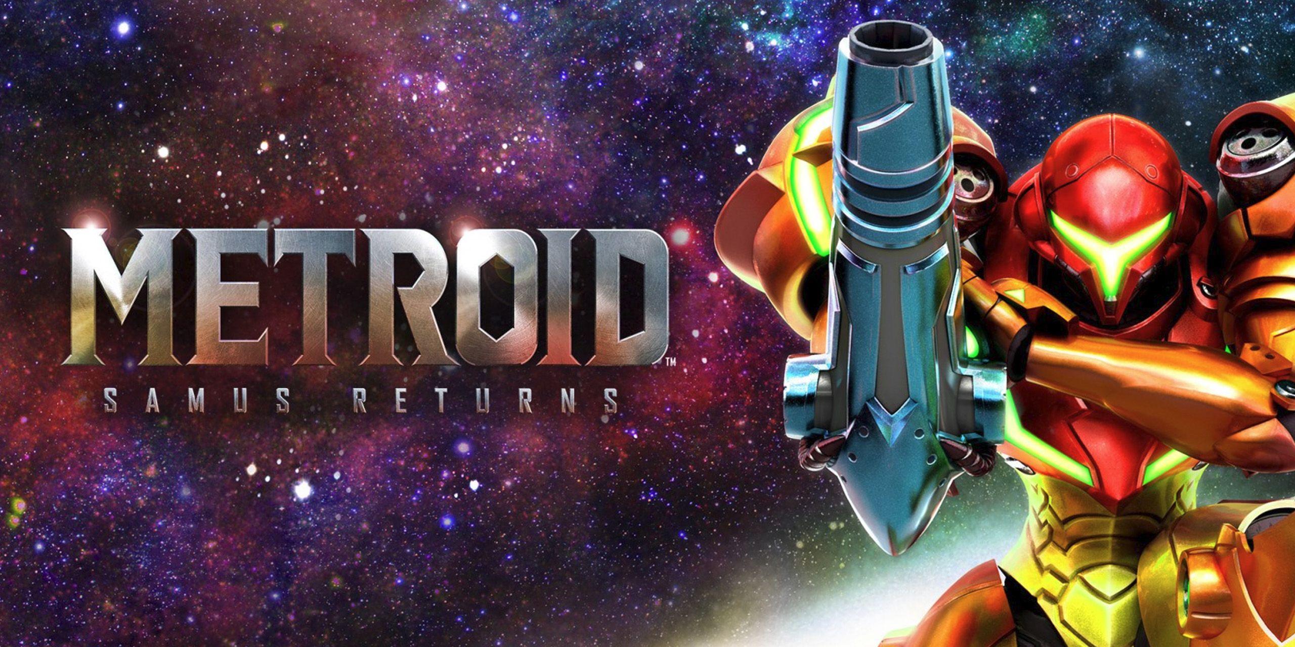 Cover art for Metroid: Samus Returns, showing Samus kneeling beside the game's logo.