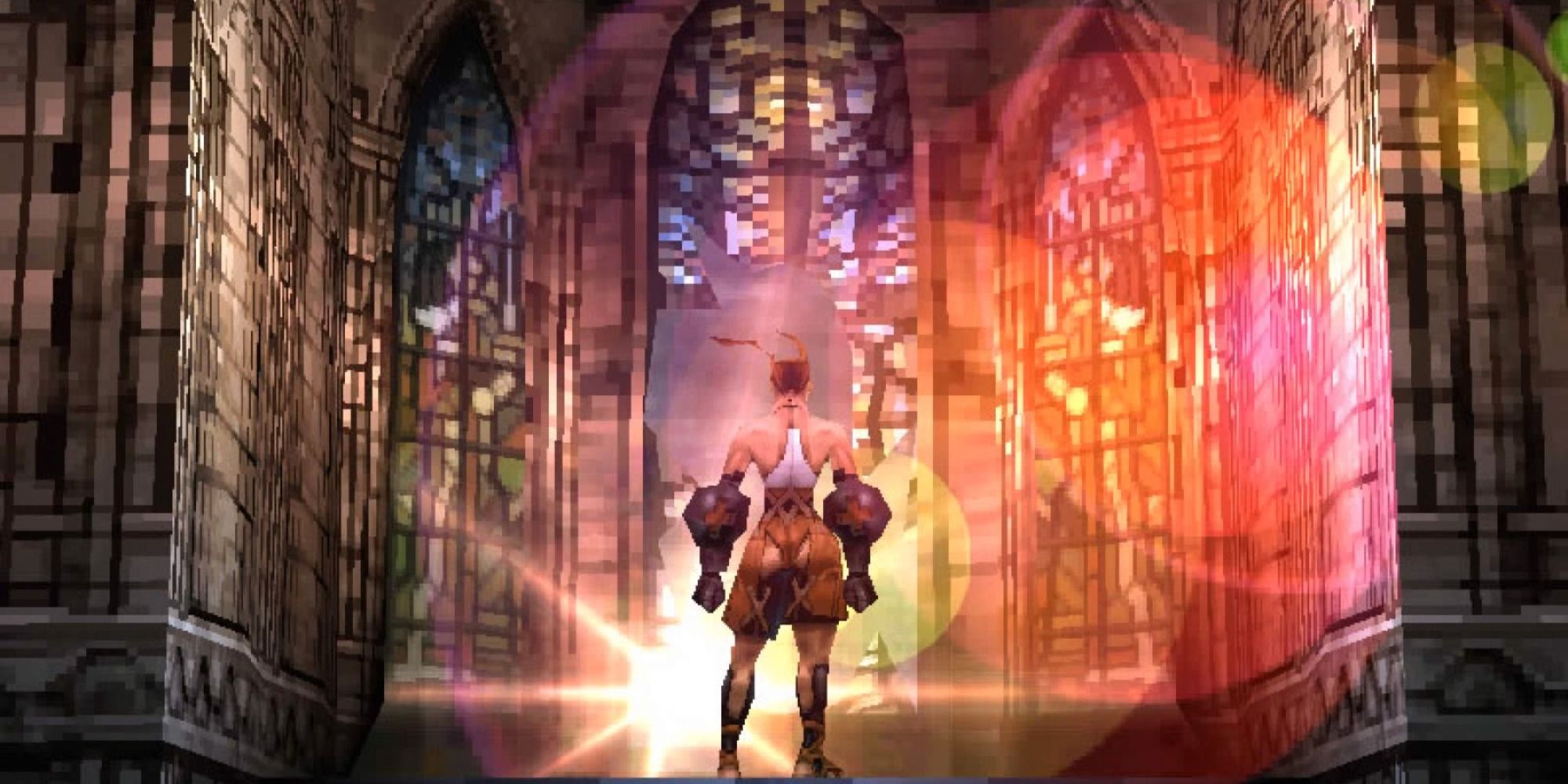 Ashley Riot in a vibrant and colorful cathedral from Vagrant Story.