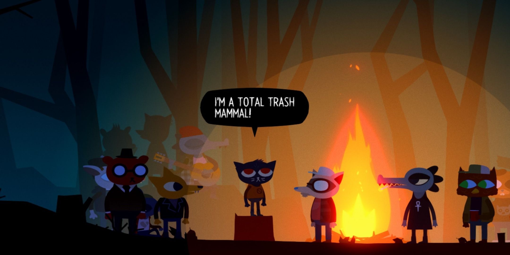 Mae Borowski from Night in the Woods stands on a log beside a bonfire.