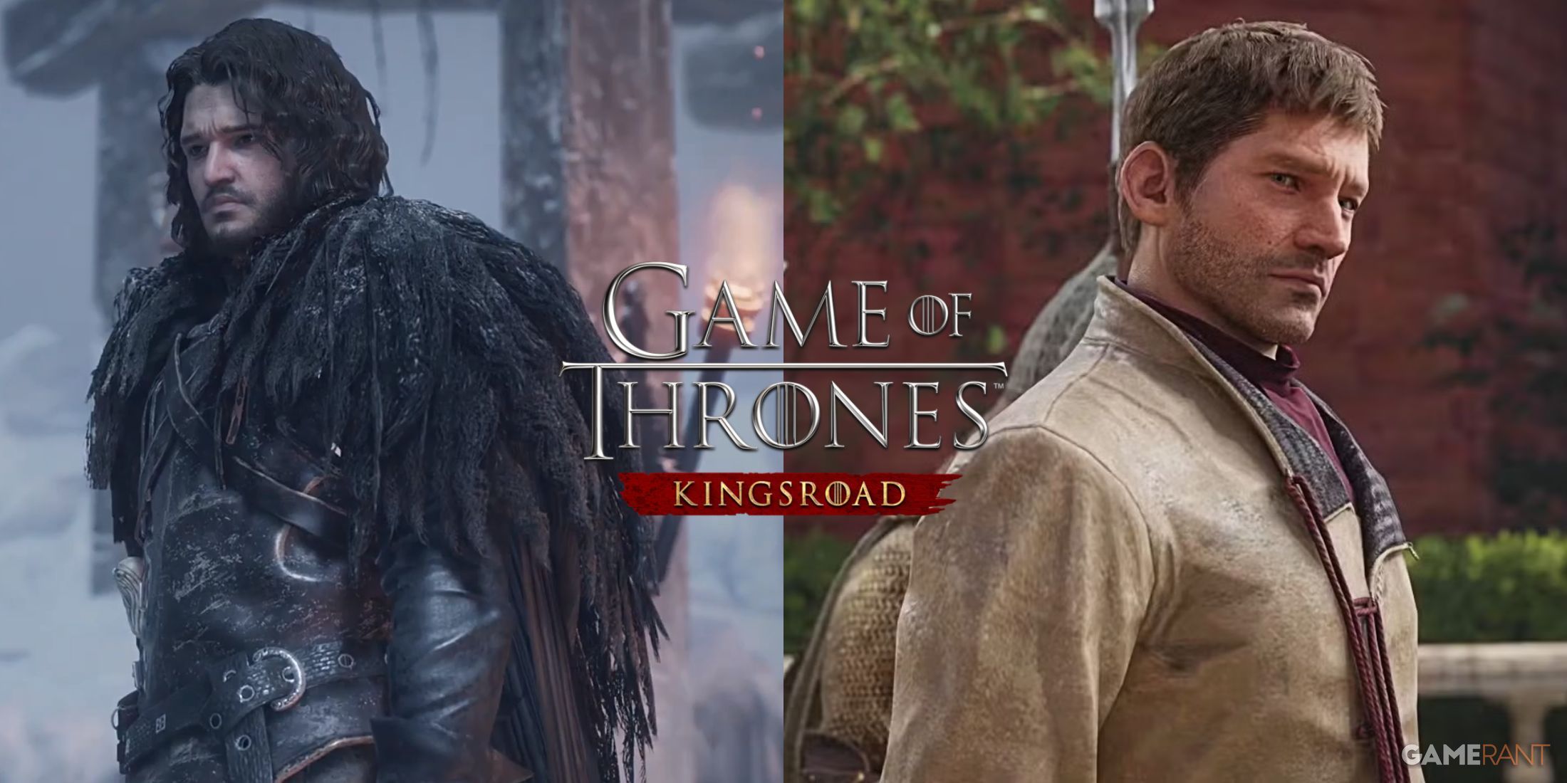 How Game of Thrones: Kingsroad logo superimposed on top of screenshots of Jon Snow and Jaime Lannister