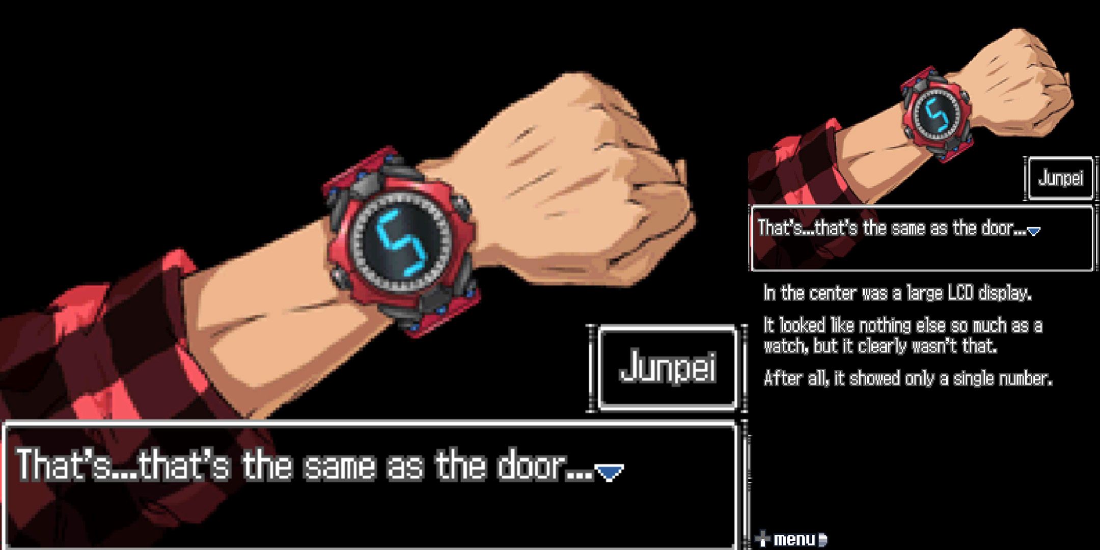 Junpei checking his watch in 999: Nine Hours, Nine Persons, Nine Doors.