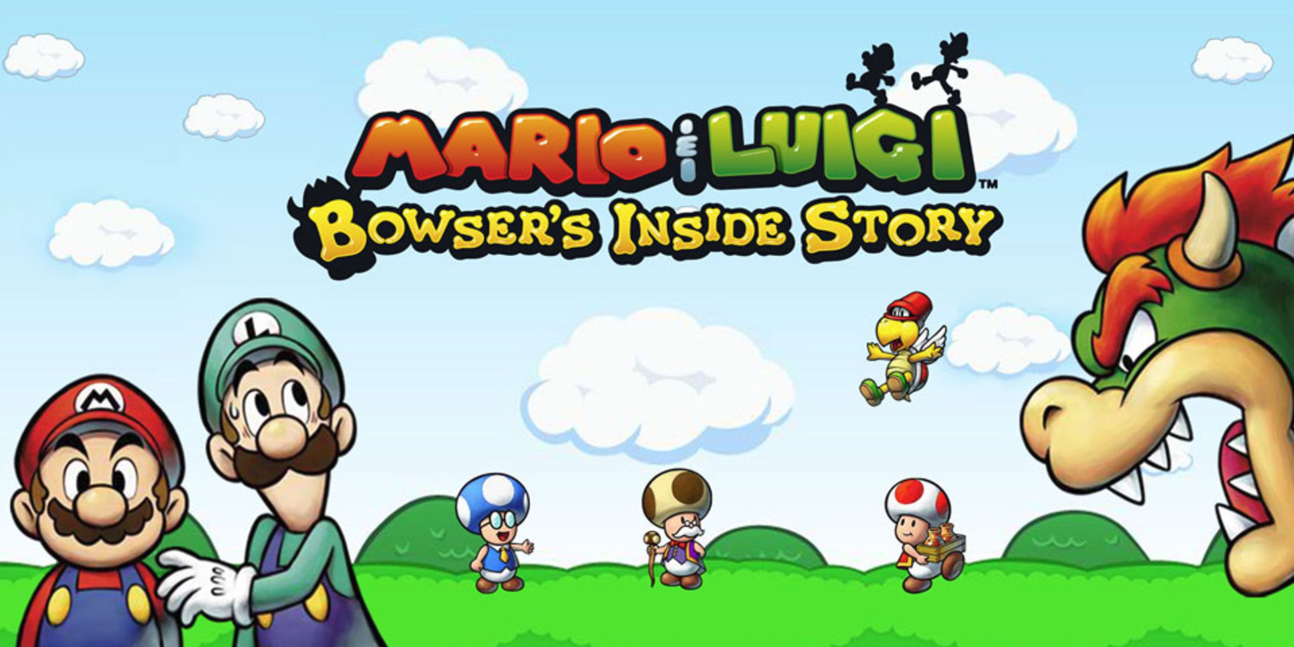 Cover art for Mario & Luigi: Bowser's Inside Story, showing the Mario Bros. standing next to Bowser while a group of Toads stands in the background.