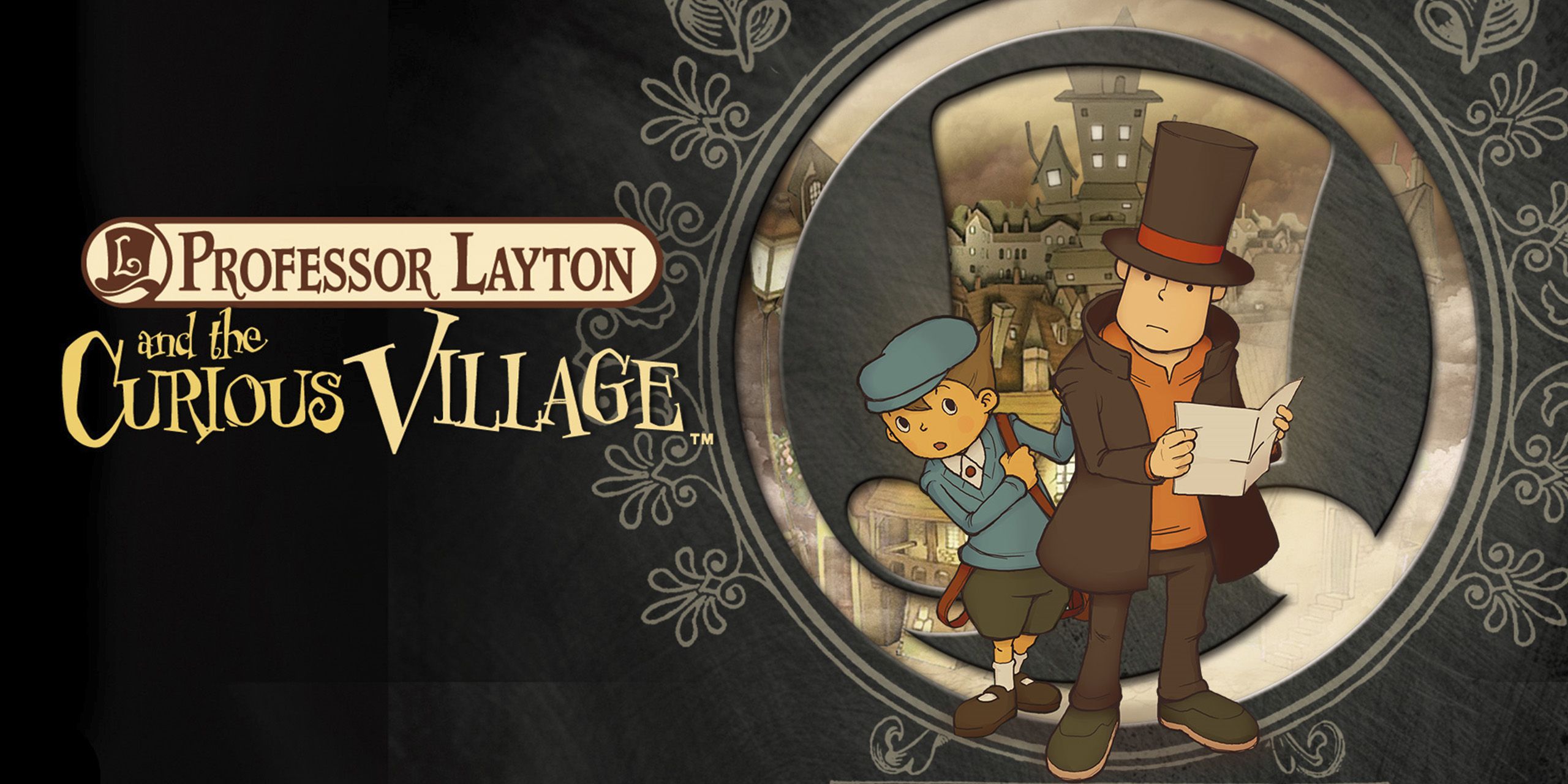 Cover art for Professor Layton and the Curious Village, showing Layton holding a map while Luke stands behind him.