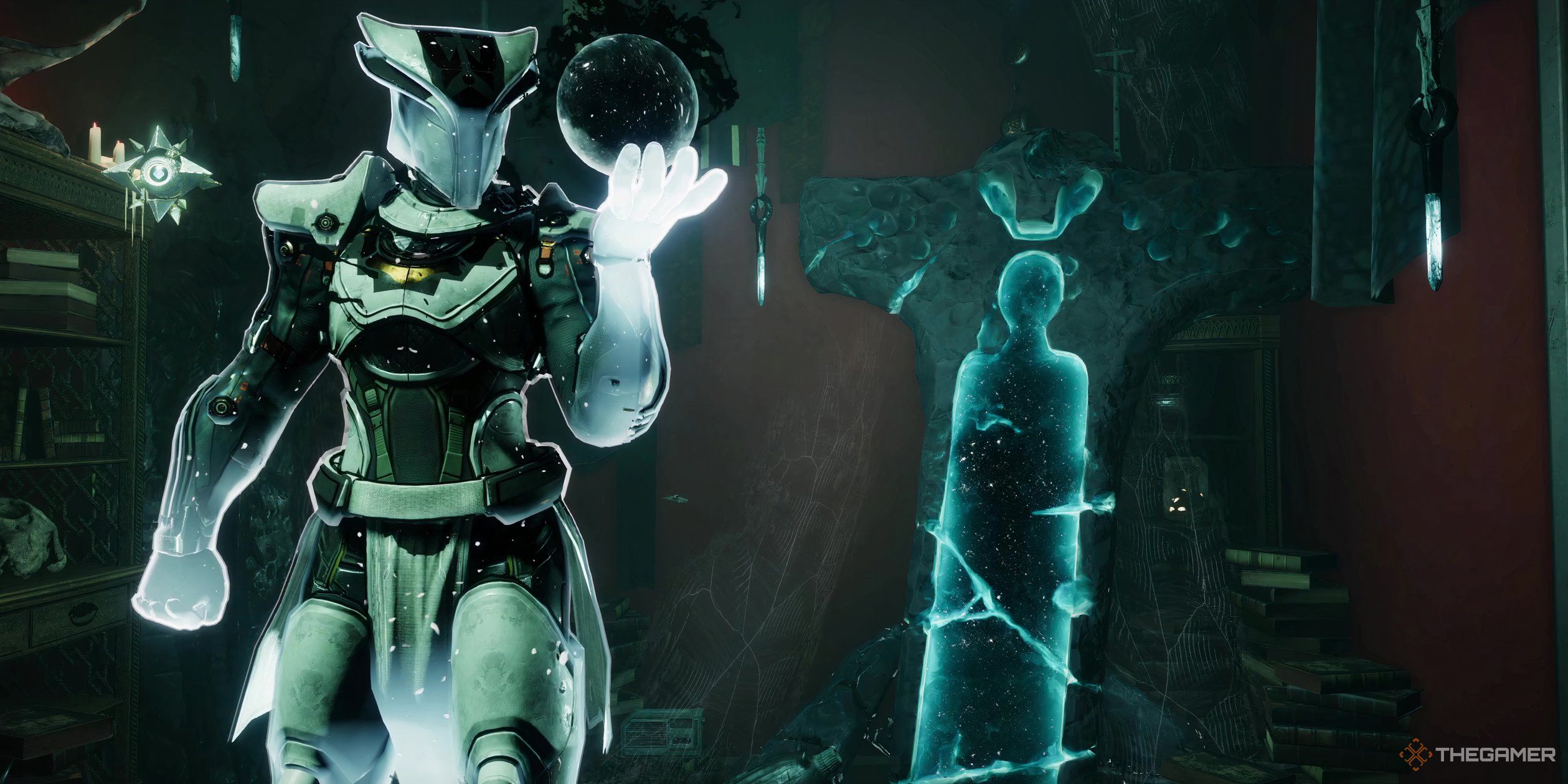 A Guardian holding an orb of Taken energy in Eris's flat in Destiny 2.