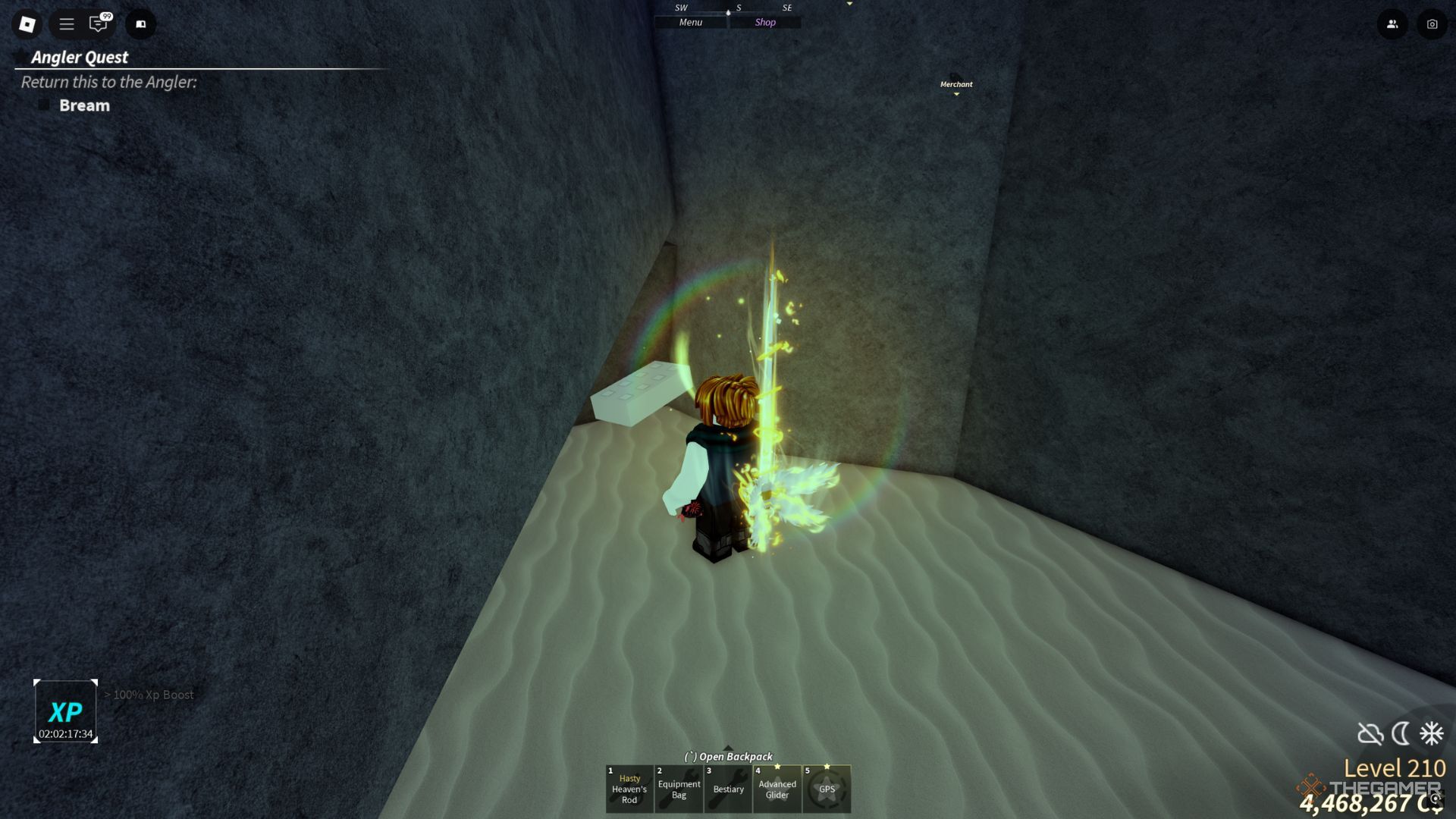 The player character shows a brick next to the wall hidden in The Depths in Fisch.