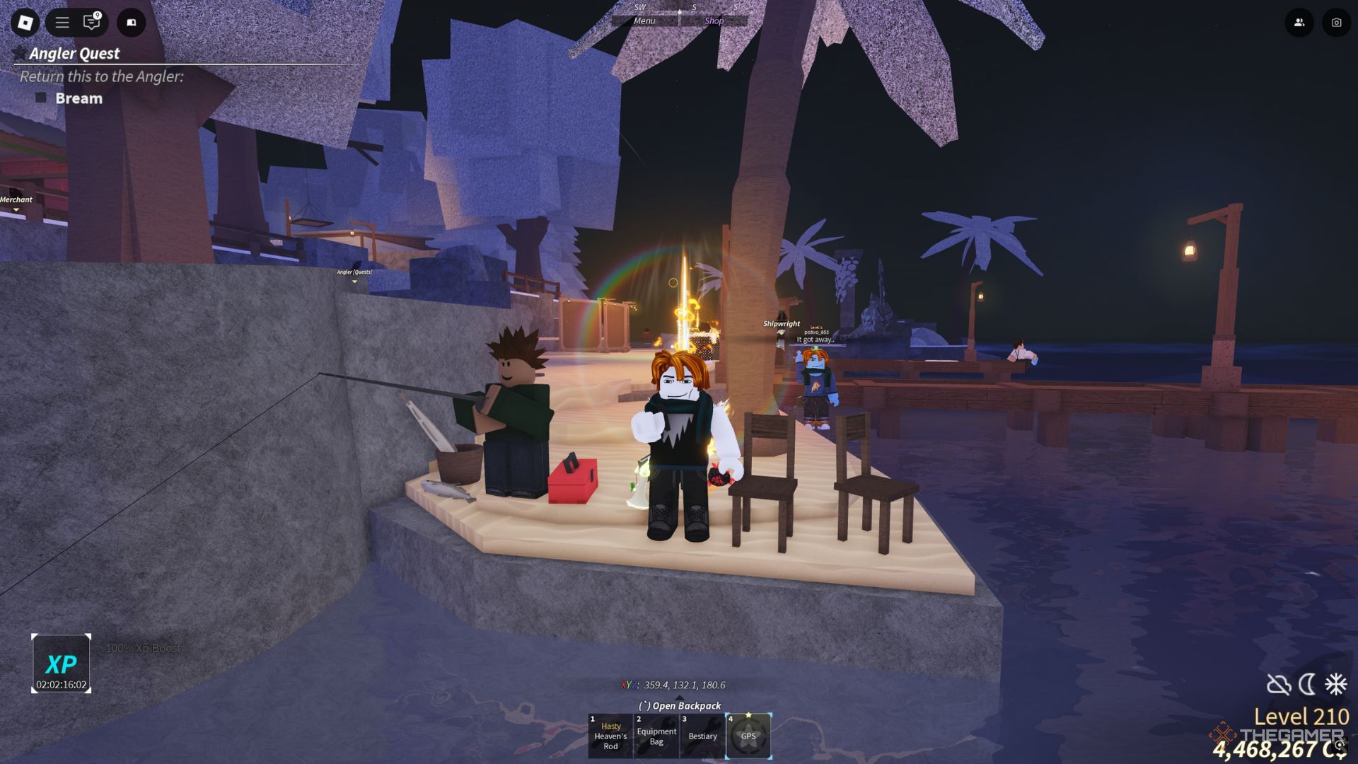 The player character stands on the Moosewood island with a GPS in his hands in Fisch.