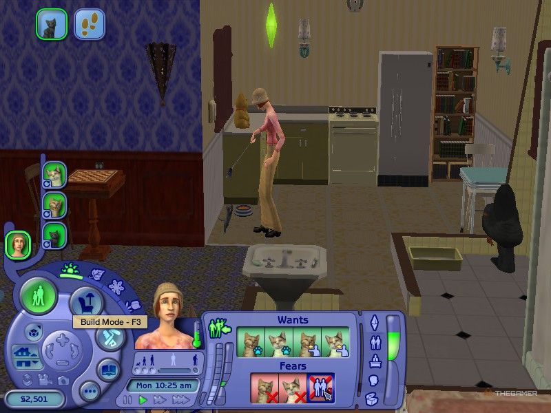 The player is playing with a cat in The Sims 2.