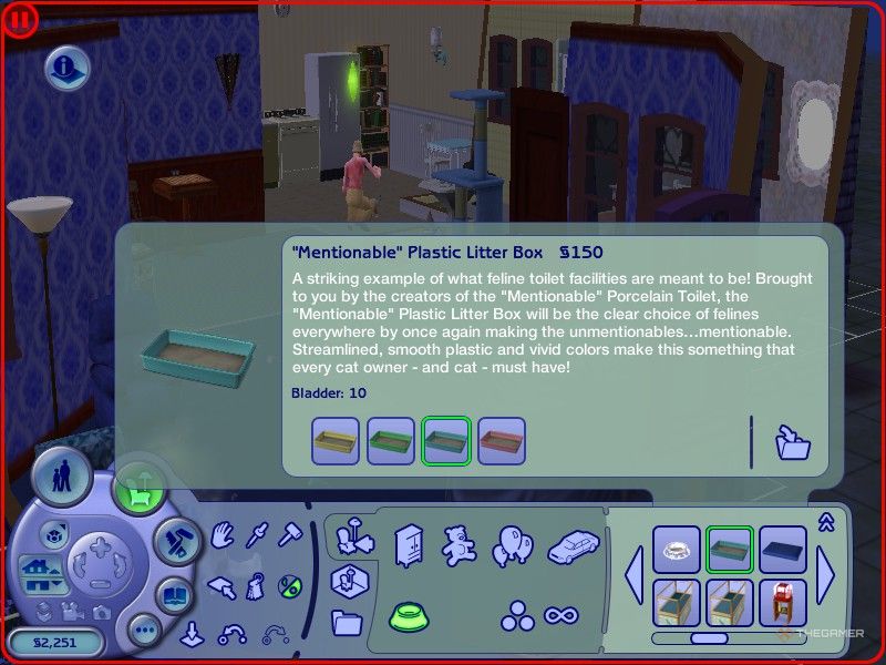 A litter box is shown in the shop menu in The Sims 2.