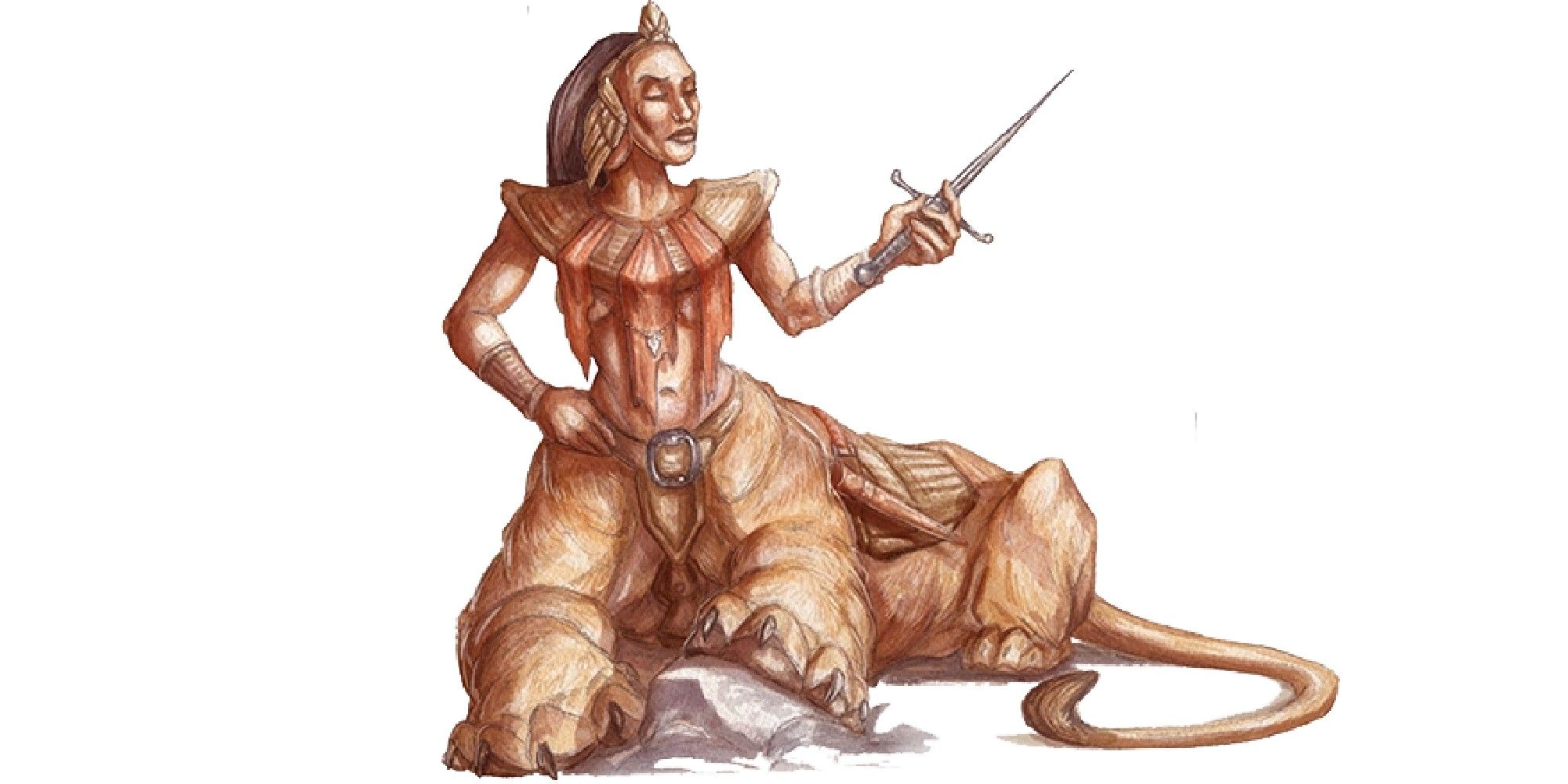 D&D art of a Lamia, a creature with a lion bottom half and a human top half.