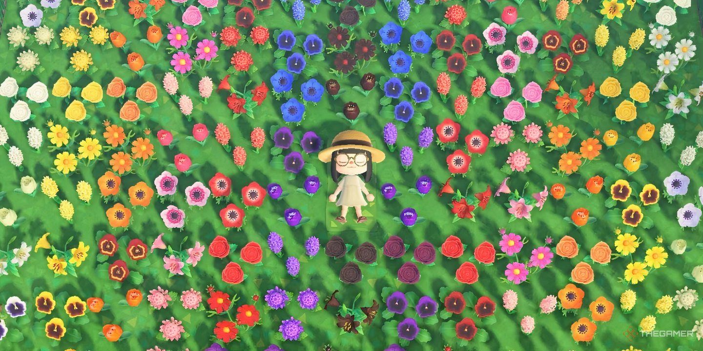 A player character lying in a bed of flowers in Animal Crossing: New Horizons.