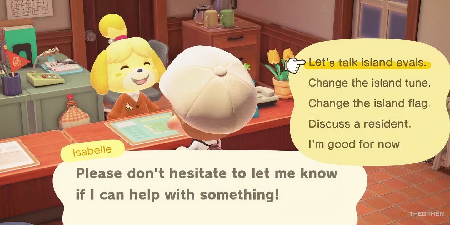 A player talking to Isabelle at town hall in Animal Crossing: New Horizons.