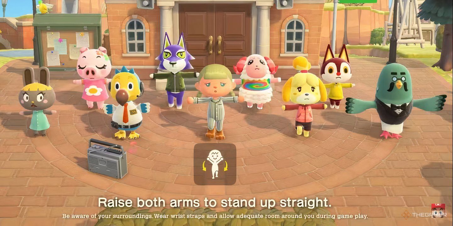 A bunch of villagers doing yoga in Animal Crossing: New Horizons. 