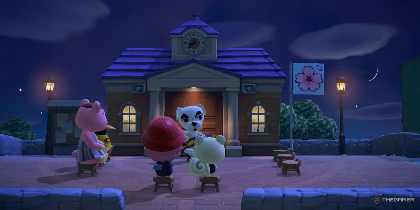 K.K. playing a song in the plaza in Animal Crossing: New Horizons. 