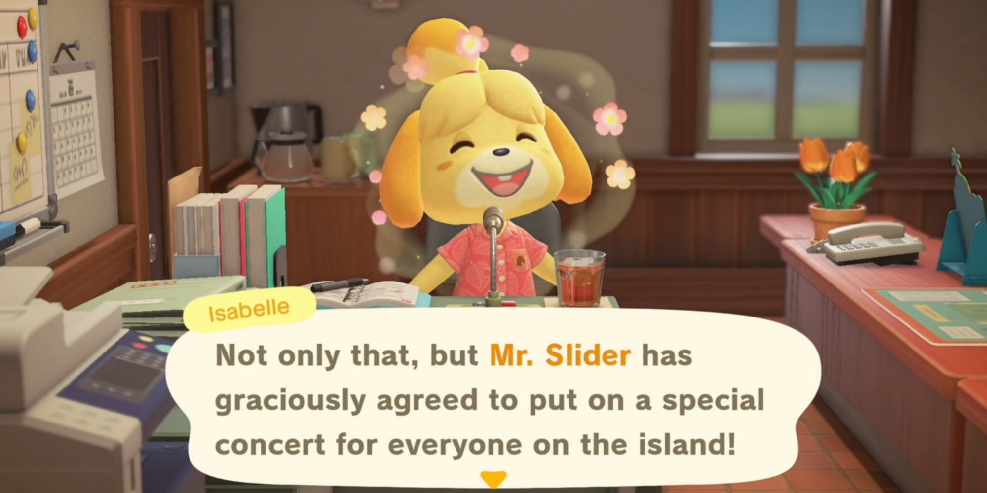 Isabelle making an announcement that K.K. is coming to the island in Animal Crossing: New Horizons.