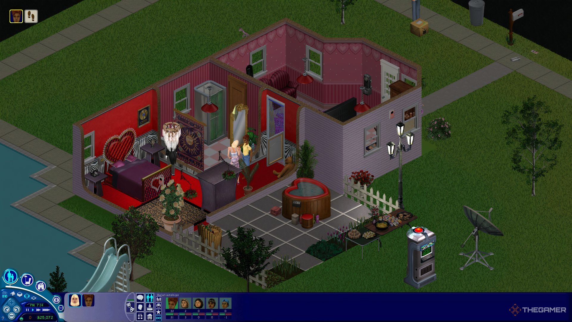 The Roomies from The Sims talking in a pink and red house.