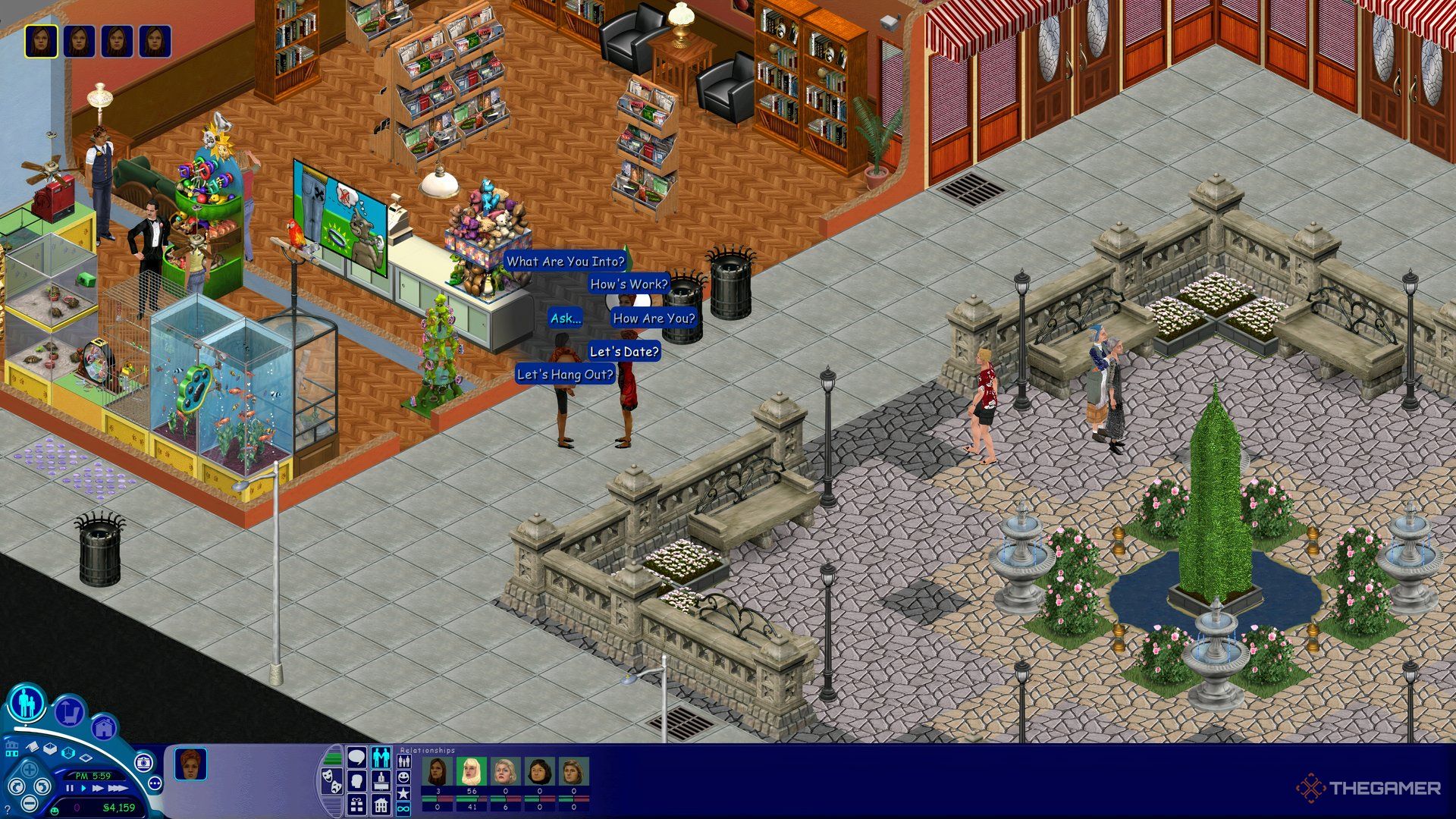 Downtown in The Sims, showing a Let's Date interaction with a townie.