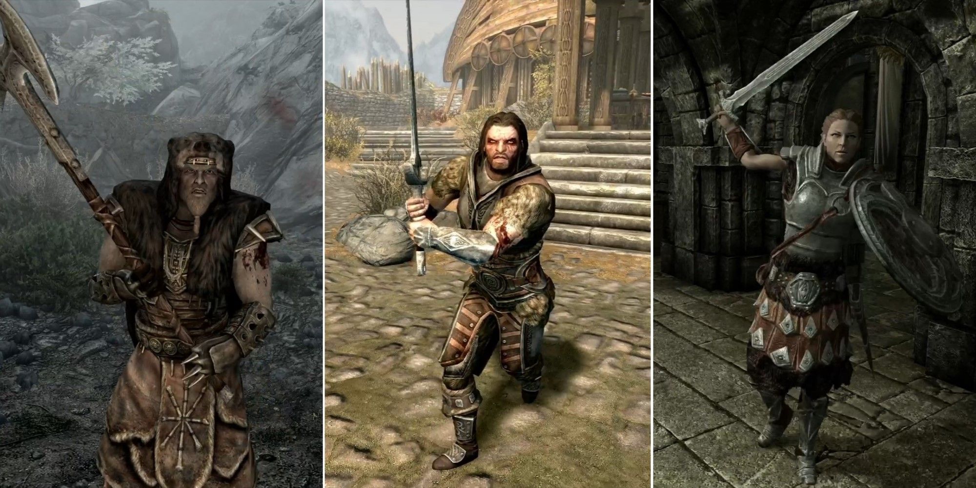 Skyrim characters Galmar Stone-Fist, Vilkas, and Legate Rikke