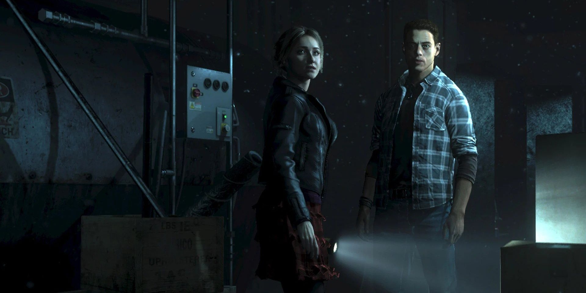 Sam holding a flashlight while she and Josh look in a direction in Until Dawn.