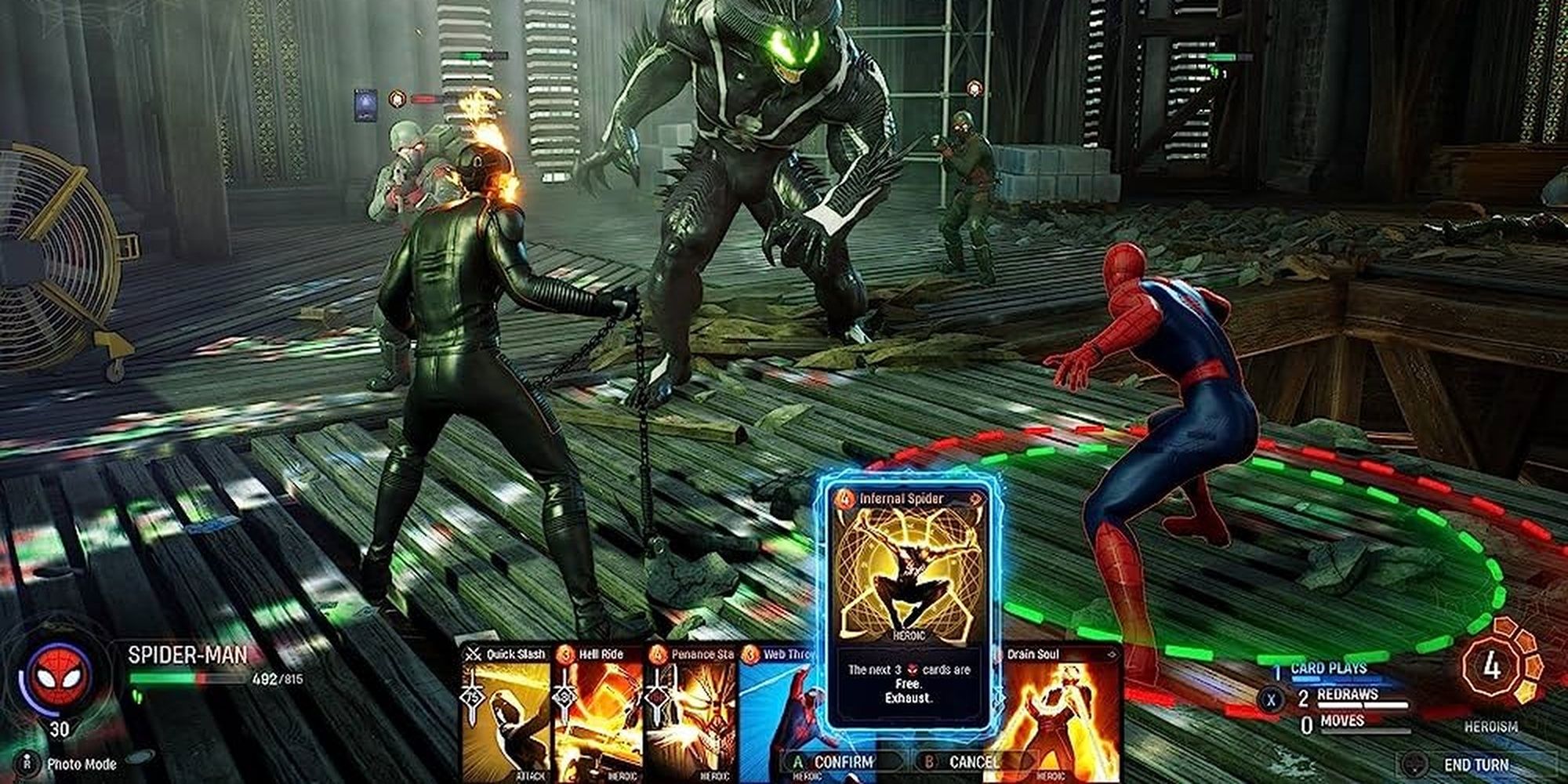 Ghost Rider and Spiderman fighting a demonic Venom in Marvel's Midnight Suns.