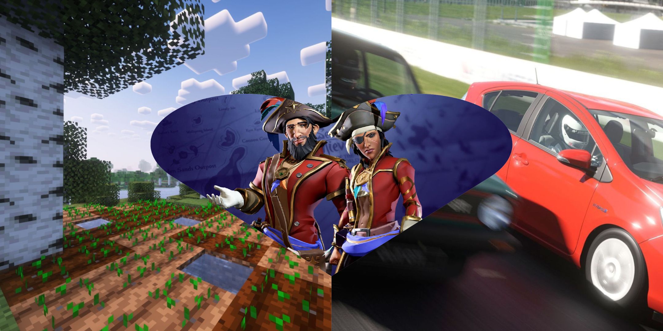 A collage of Sea Of Theives, Gran Turismo 7, and Minecraft