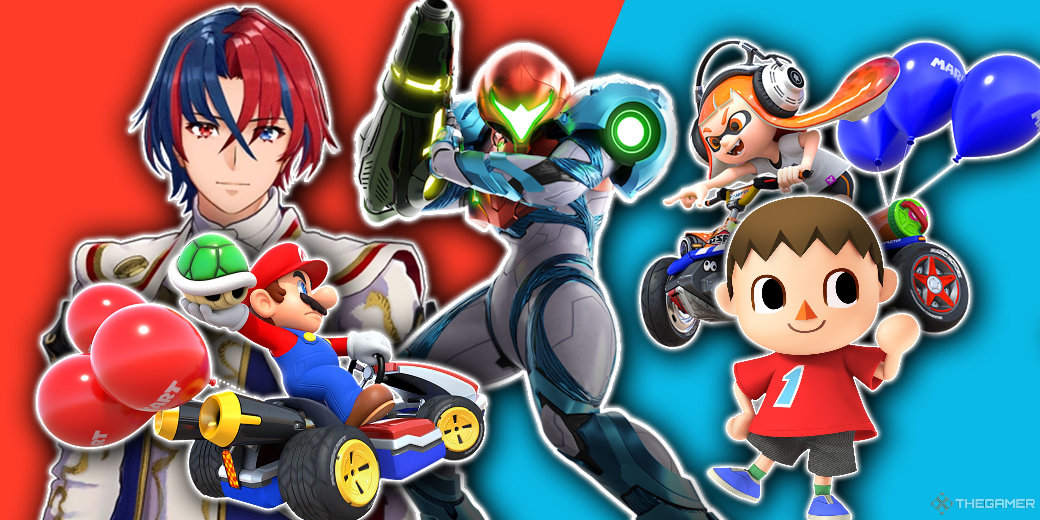 Collage image with characters from Fire Emblem, Mario Kart, Metroid, Animal Crossing, and Splatoon.