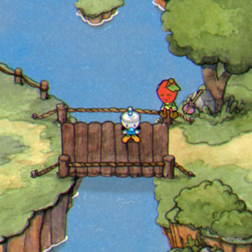 Mugman is standing next to the Mac on the bridge in Cuphead