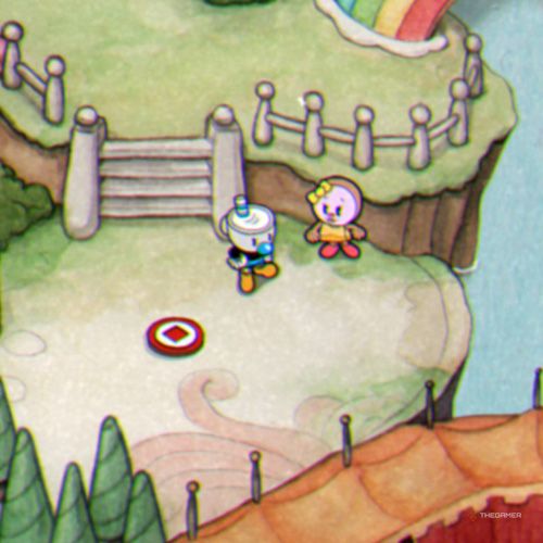 Mugman is standing next to Ginger on Inkwell Isle Two in Cuphead