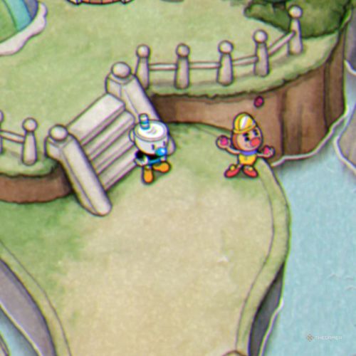 Mugman is standing next to Buster on Inkwell Isle Two in Cuphead