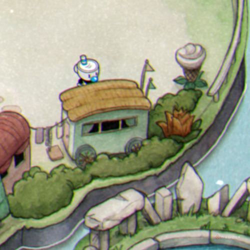 Mugman is standing next to the green colored vehicle on Inkwell Isle Two in Cuphead