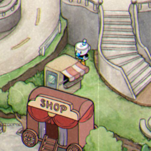 Mugman is standing next to a structure behind the shop in Cuphead